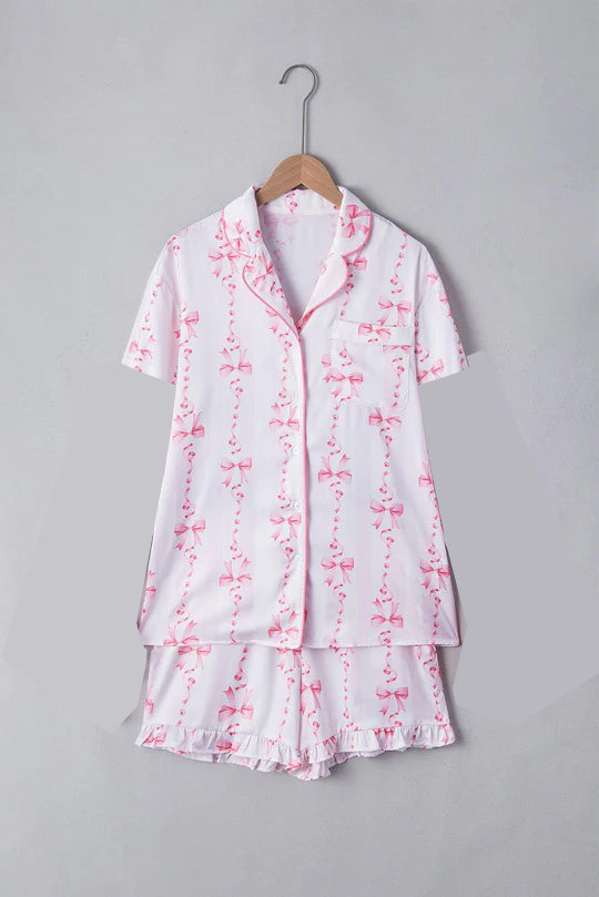 White pink bow adult women button down pajamas