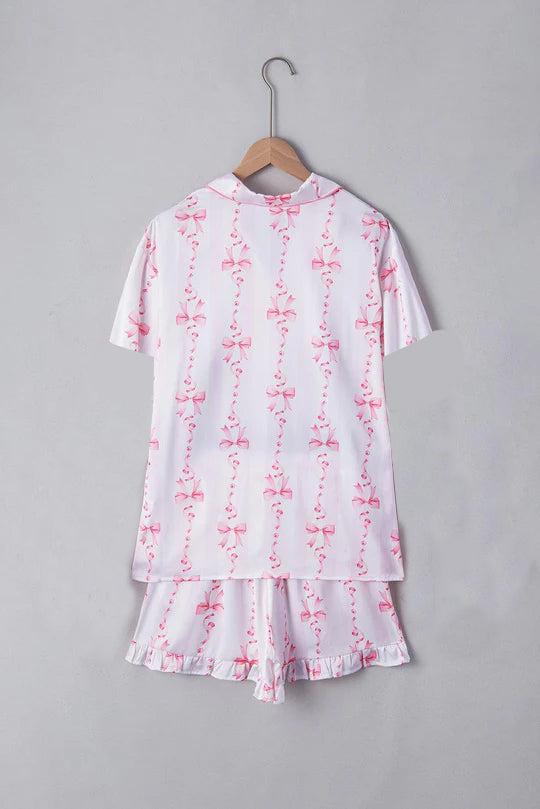 White pink bow adult women button down pajamas