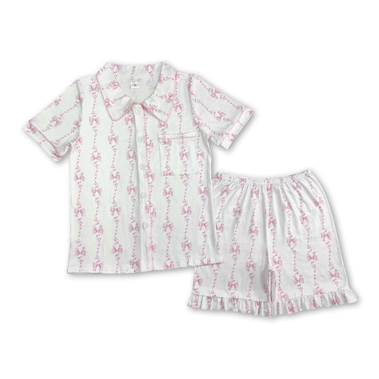 White pink bow adult women button down pajamas