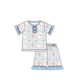 Light blue ruffle floral bow top shorts girls pajamas