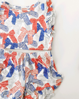 Flutter sleeves blue red bow top shorts girls 4th of july clothes