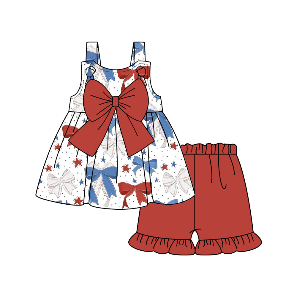 Straps blue red baseball bow tunic shorts girls clothes