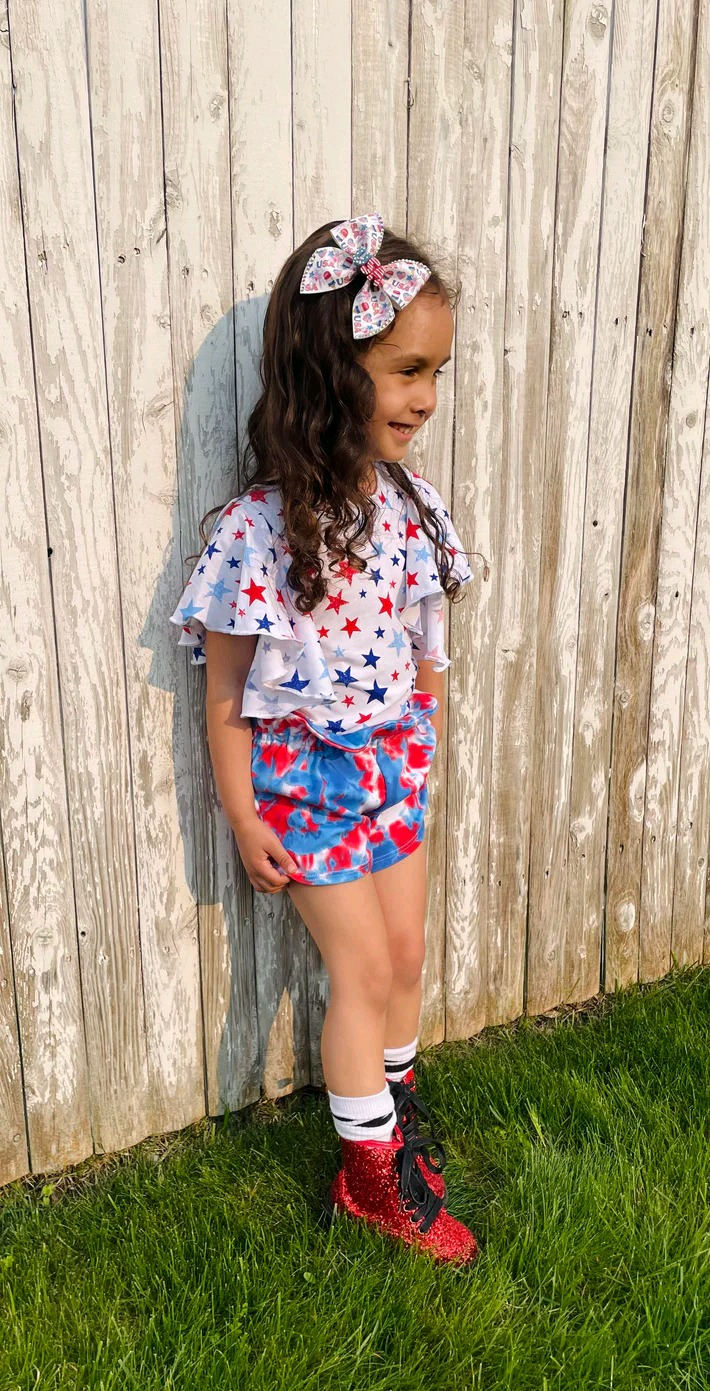 Red blue stars top tie dye shorts 4th of july clothes