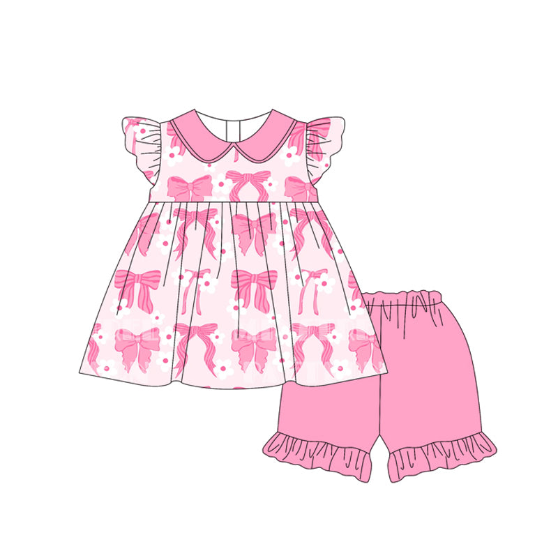 Pink flutter sleeves floral bow tunic shorts girls outfits