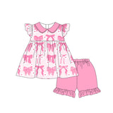 Pink flutter sleeves floral bow tunic shorts girls outfits