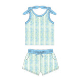 Sleeveless light blue floral stripe top shorts girls summer clothes