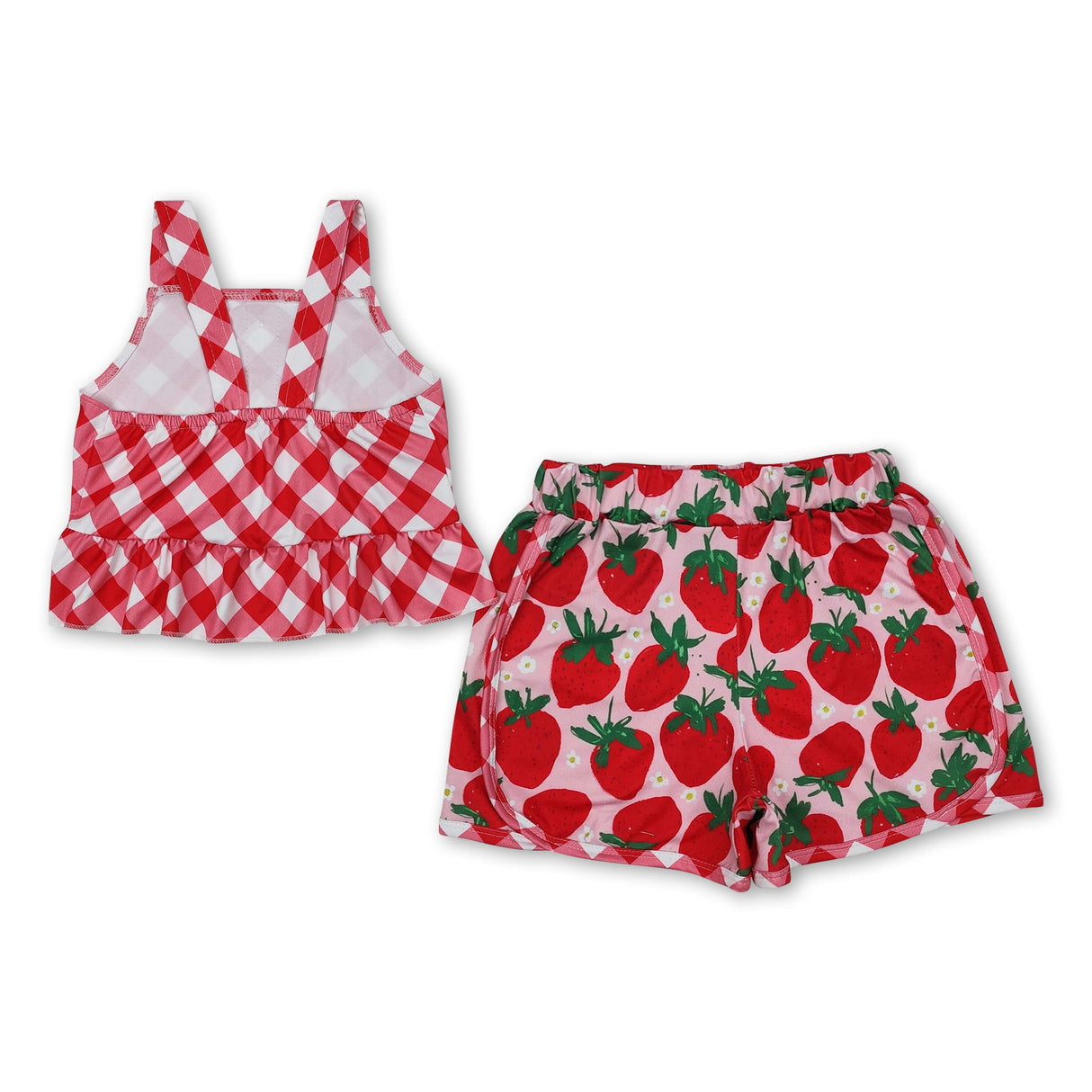 Red plaid peplum strawberry shorts kids girls summer outfits