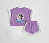 Lace ruffle purple princess short sleeves top shorts girls clothes