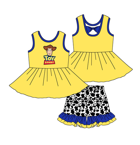 Yellow sleeveless tunic cow ruffle shorts toy girls outfits