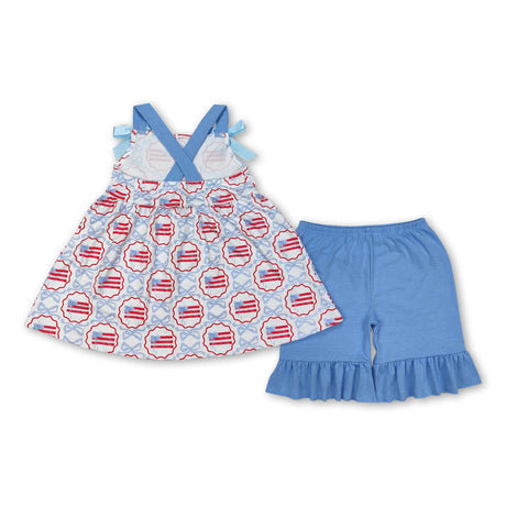 Blue straps bow flag kids girls 4th of july outfits