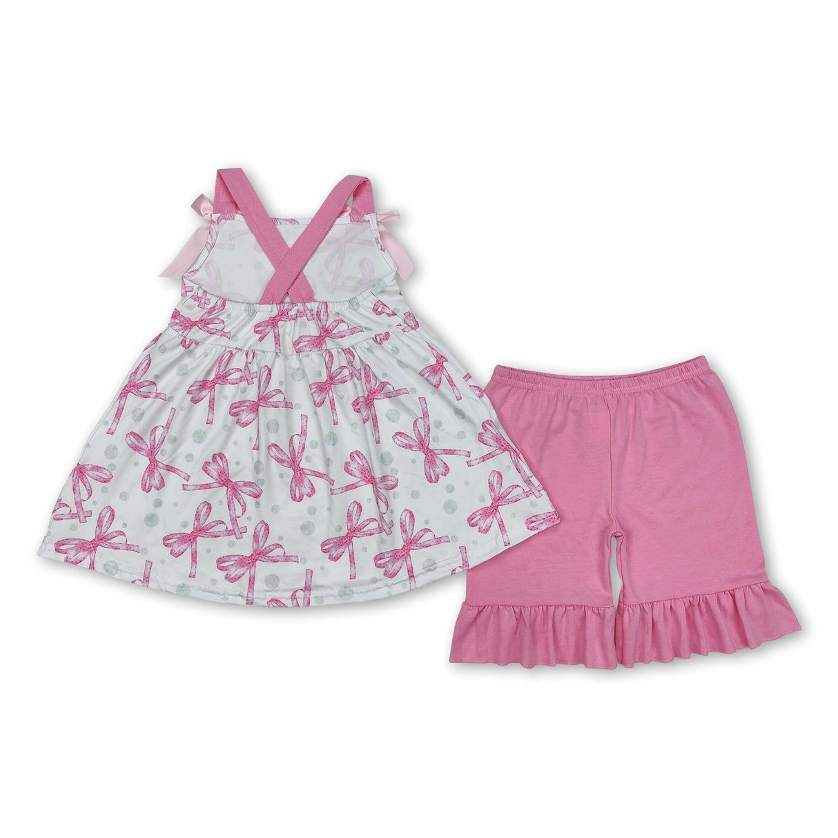 Pink straps tunic ruffle shorts girls clothing set
