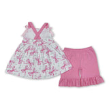 Pink straps tunic ruffle shorts girls clothing set