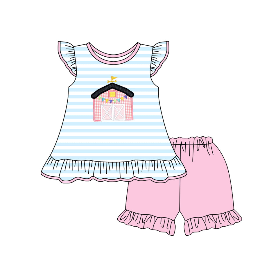 Stripe flutter sleeves farm top pink ruffle shorts girls clothes