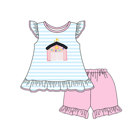 Stripe flutter sleeves farm top pink ruffle shorts girls clothes