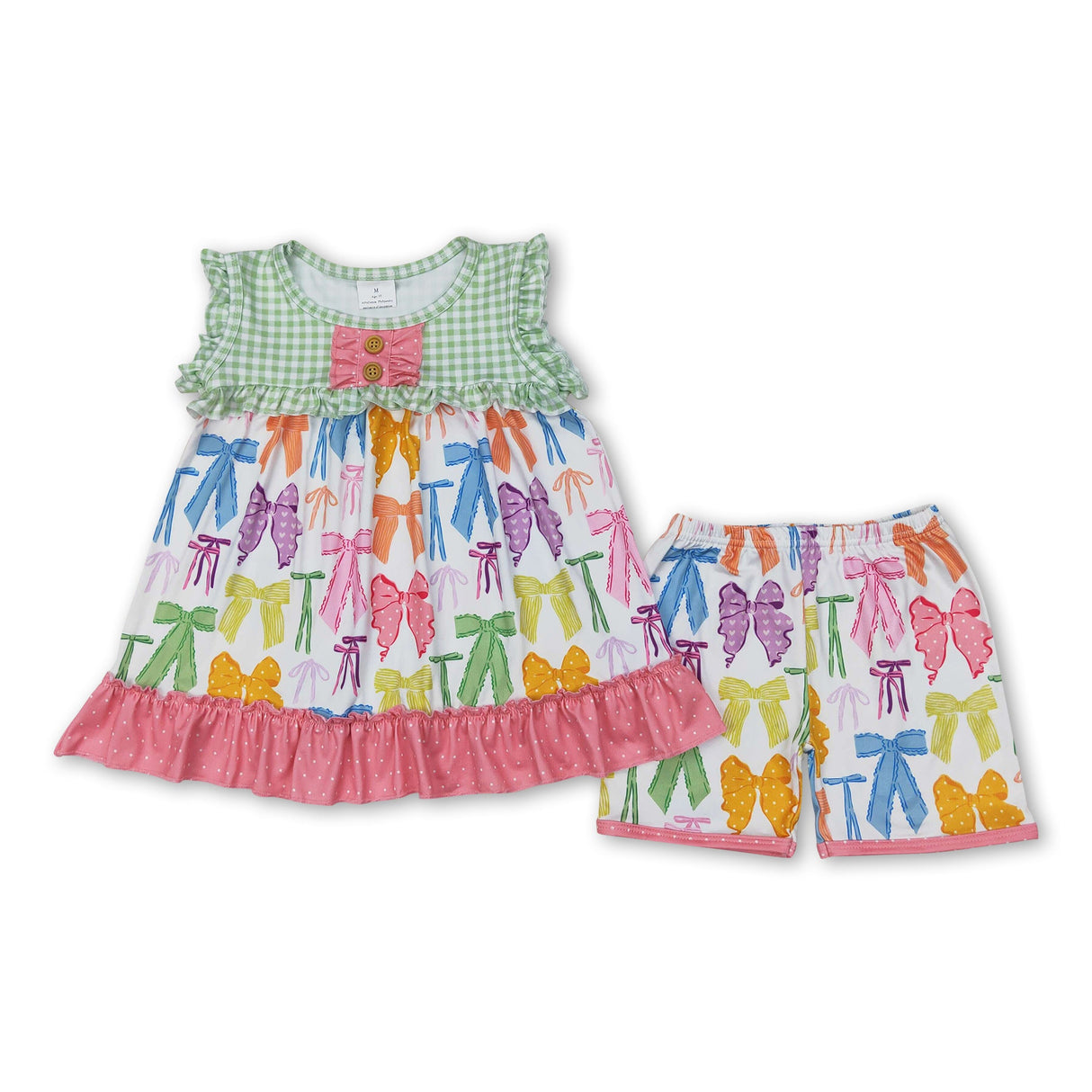 Sleeveless plaid bow tunic shorts girls clothing set