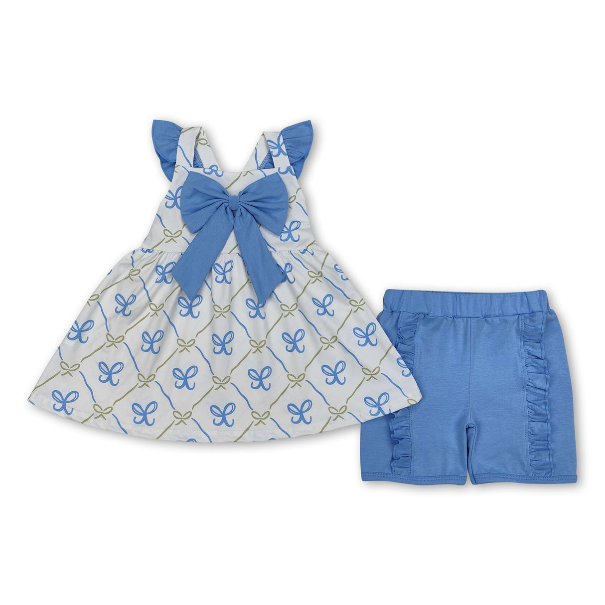 Flutter sleeves light bow tunic ruffle shorts girls clothes