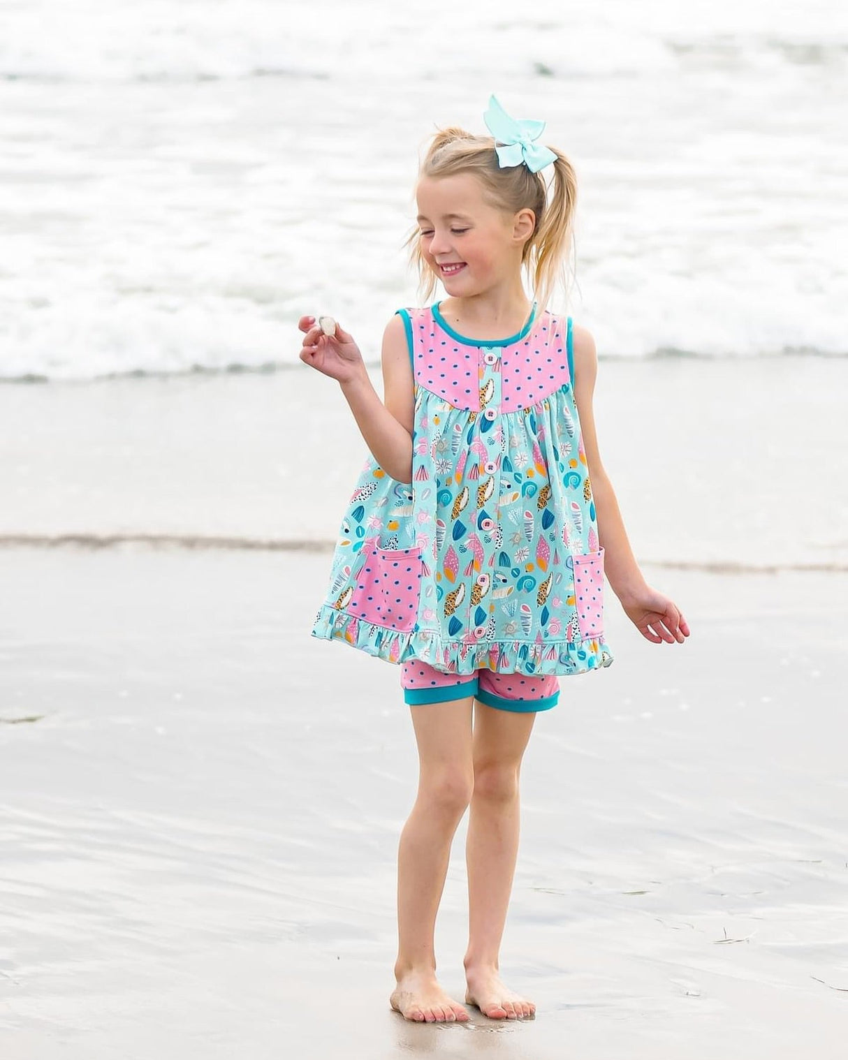 Sleeveless polka dots conch tunic shorts girls summer clothes