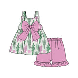 Straps pink bow cactus tunic shorts girls clothing set