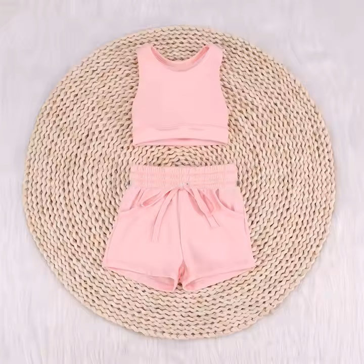 Sleeveless pink top pockets shorts girls active wear clothes