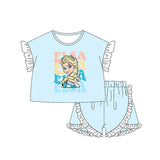 Short sleeves ruffle light blue princess top shorts girls clothes