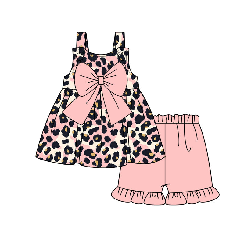 Straps leopard pink bow tunic ruffle shorts girls clothes
