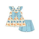 Blue yellow dog bow tunic shorts girls clothing set