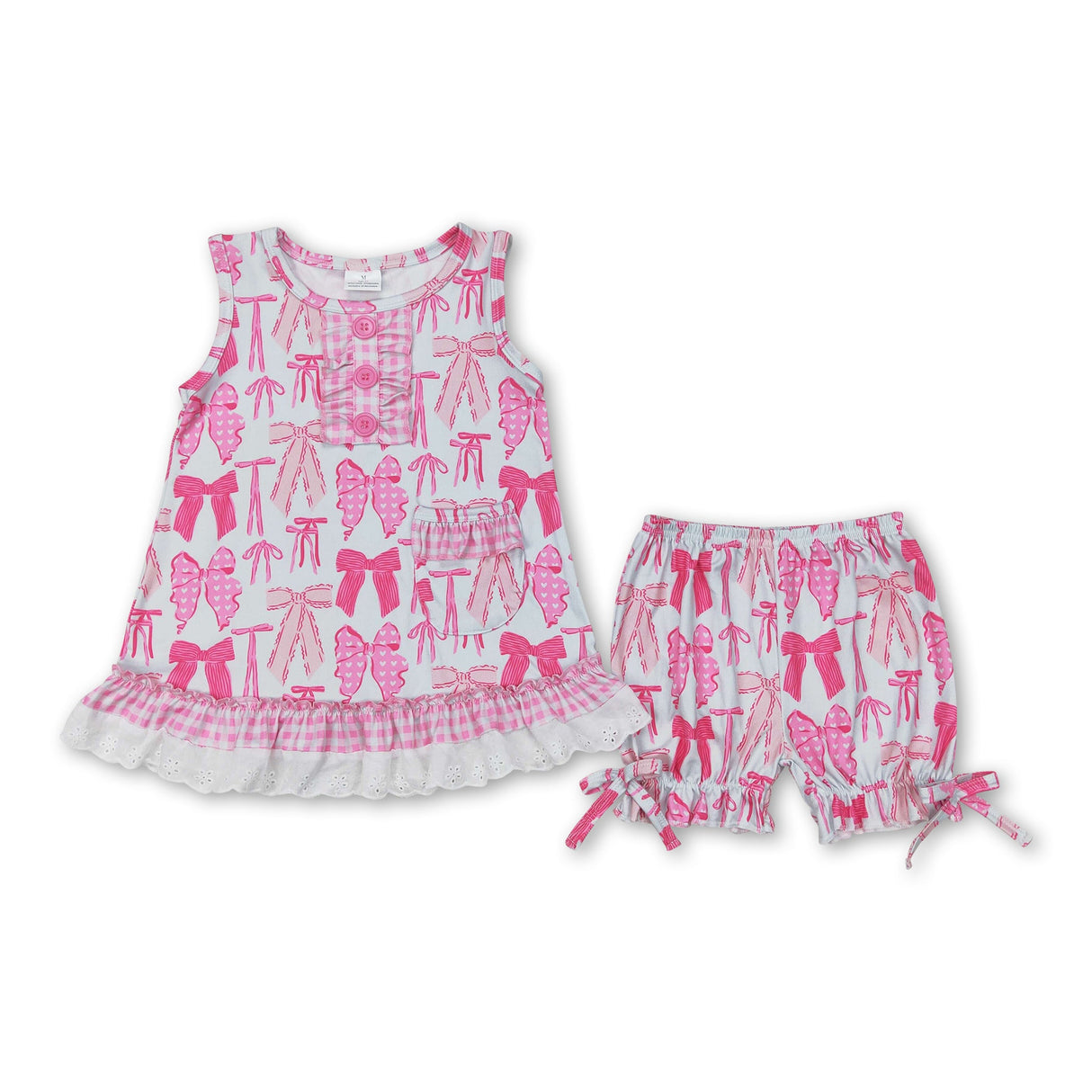 Sleeveless pink bow ruffle top shorts girls pajamas set