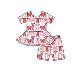 Short sleeves pink red bow peplum shorts girls clothing set