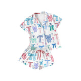 Short sleeves colorful bow kids girls button down pajamas