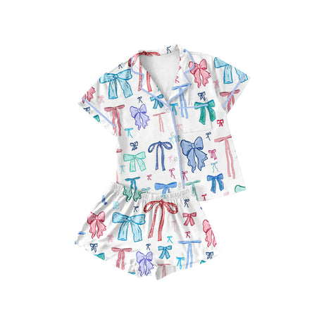 Short sleeves colorful bow kids girls button down pajamas