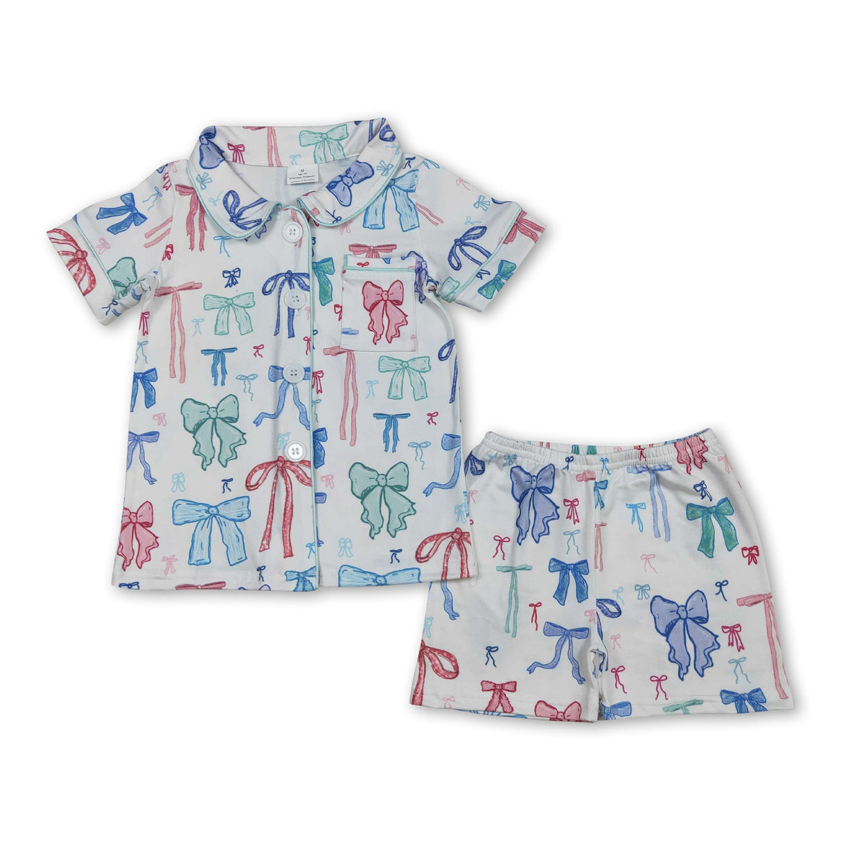 Short sleeves colorful bow kids girls button down pajamas
