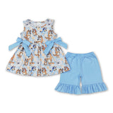 Sleeveless light blue dog plaid heart girls clothing set