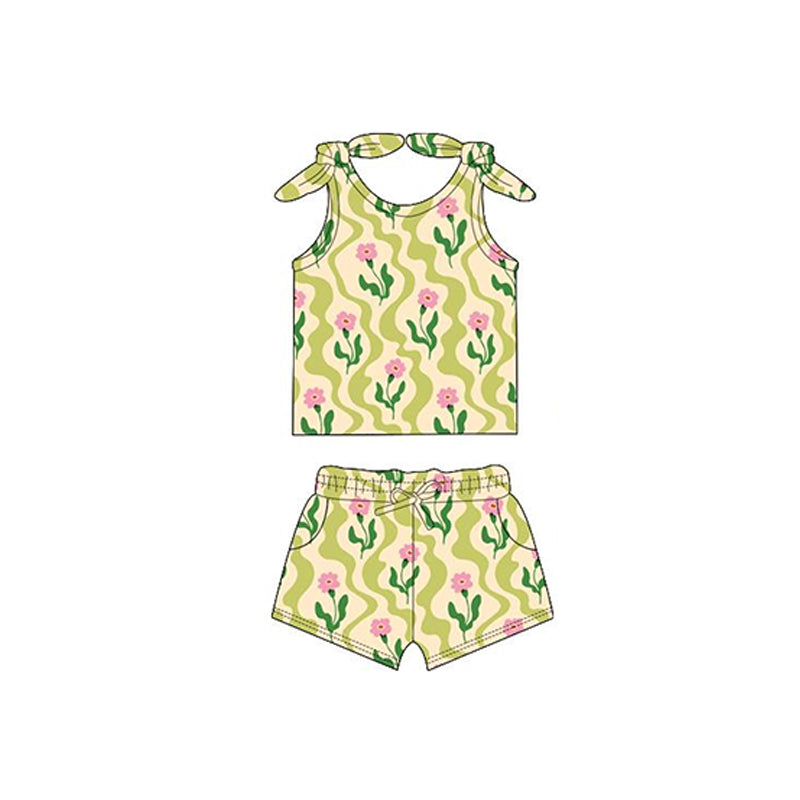 Sleeveless green pink floral baby girls summer outfits