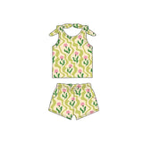 Sleeveless green pink floral baby girls summer outfits