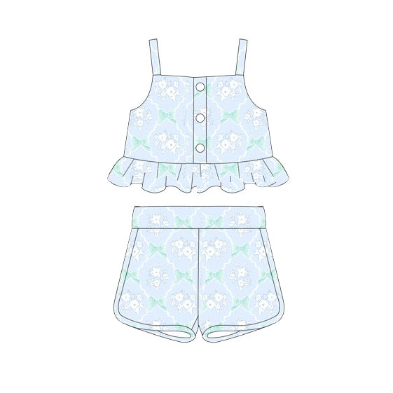 Straps light blue floral bow crop top shorts girls clothing