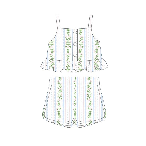 Straps light blue pink floral crop top shorts girls clothing