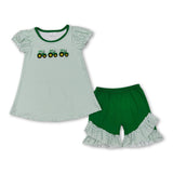Green polka dots tractor top ruffle shorts farm girls outfits