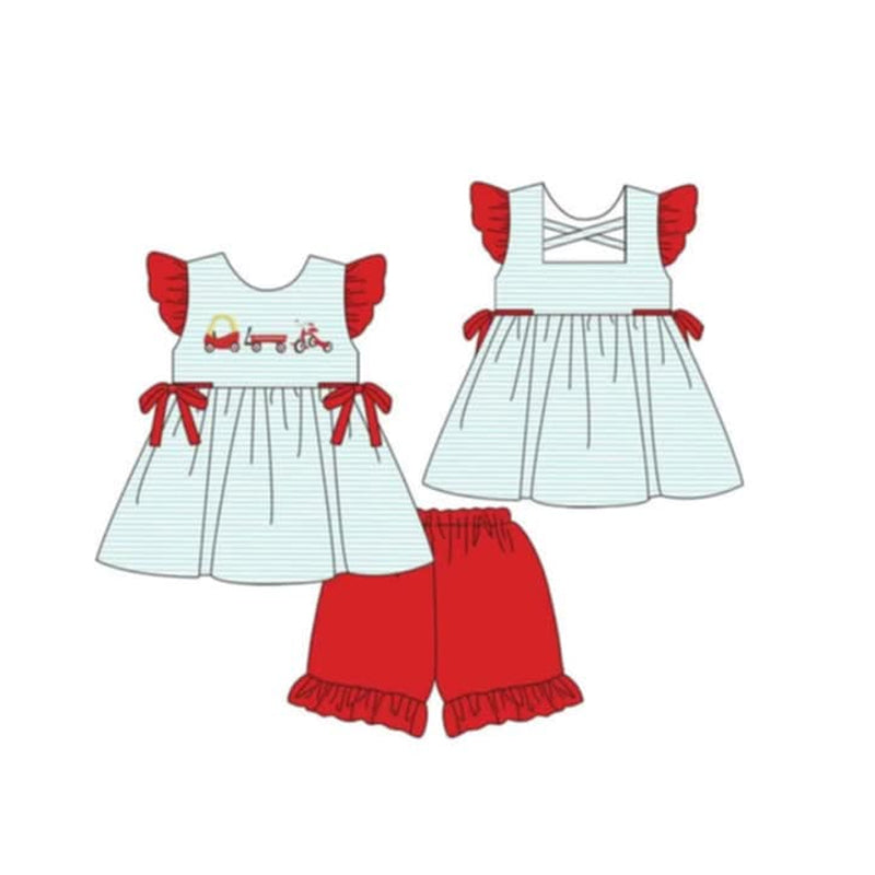 Stripe red cars tunic ruffle shorts little girls summer outfits