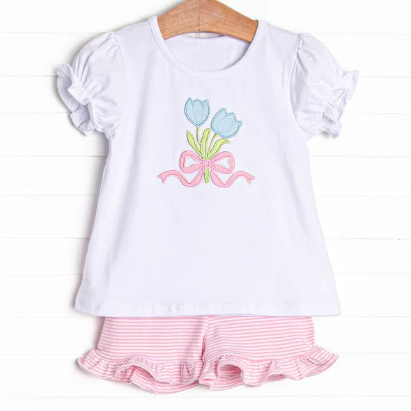 White short sleeves tulip top pink stripe shorts girls clothes