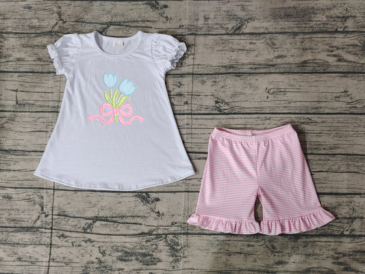 White short sleeves tulip top pink stripe shorts girls clothes