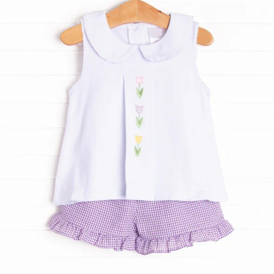 White sleeveless tulip top purple plaid shorts girls clothes