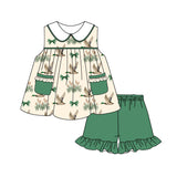 Sleeveless green bow duck tunic shorts girls clothing set