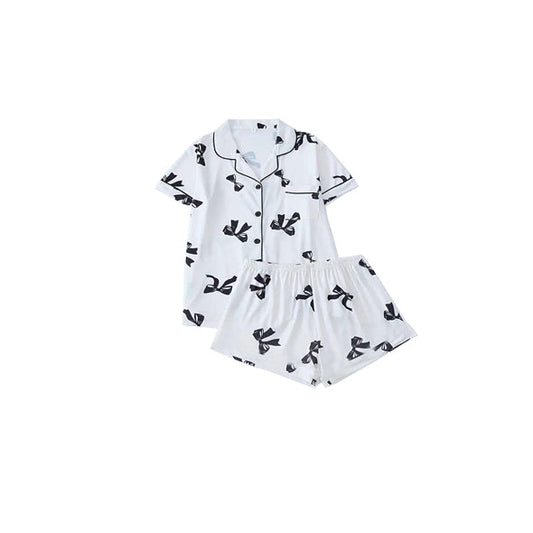 White bows pocket kids girls button down pajamas