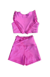 Pink ruffle crop top shorts girls yoga outfits