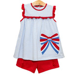 Light blue stripe ruffle bow tunic shorts girls 4th of july clothes
