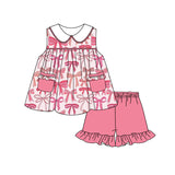 Sleeveless pink bow pocket tunic shorts girls clothes
