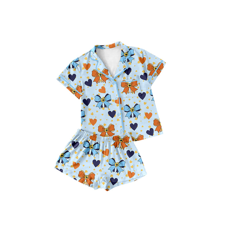 Yellow blue dog bow heart kids girls button down pajamas