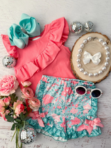 Flutter sleeves ruffle top floral shorts girls clothing set