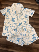 Short sleeves blue bow kids girls button down pajamas