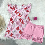 Flutter sleeves pink red bow tunic shorts girls clothes